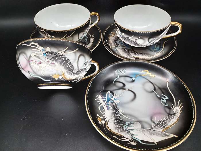 Vintage! DragonWare Kutani Moriage Geisha Lithophane Demitasse Tea Set