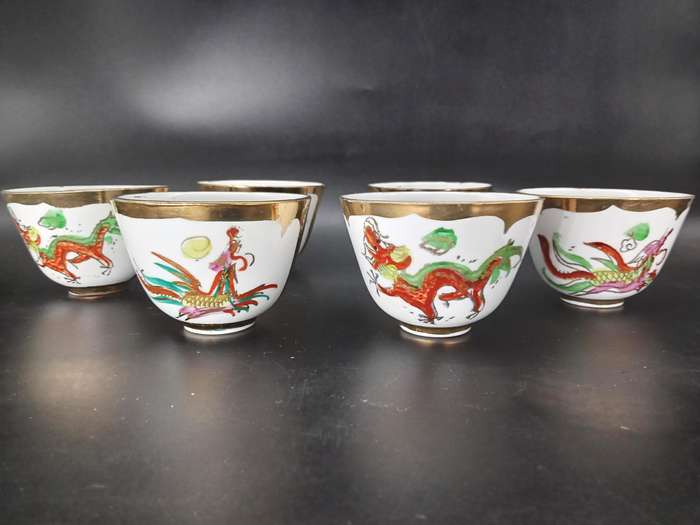 Vintage! China - Hand Painted - Dragon & Phoenix - Set of 6 Tea/Sake Cups