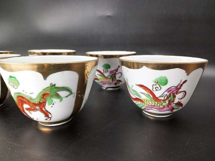 Vintage! China - Hand Painted - Dragon & Phoenix - Set of 6 Tea/Sake Cups
