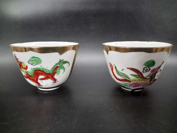 Vintage! China - Hand Painted - Dragon & Phoenix - Set of 6 Tea/Sake Cups