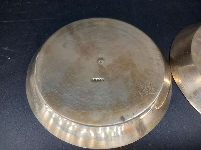 Set of 2 Beautifully Hand Etched Indian Brass Pin Dishes / plates (7.2 diameter)