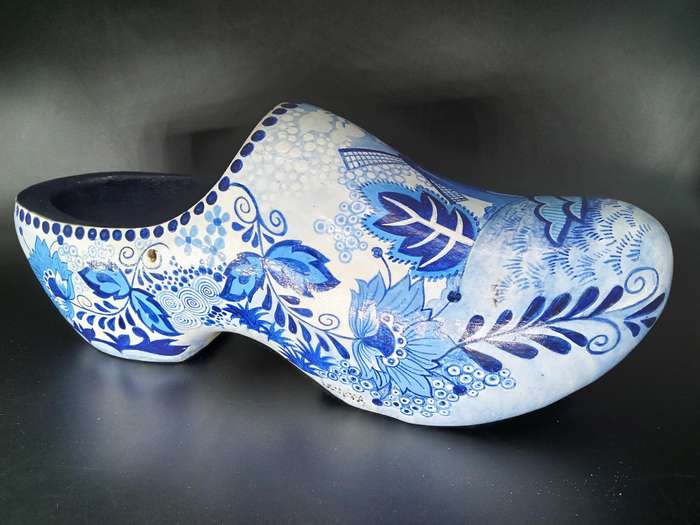 Vintage! Holland - Delft Design - Large Handmade Traditional Wooden Dutch Clog