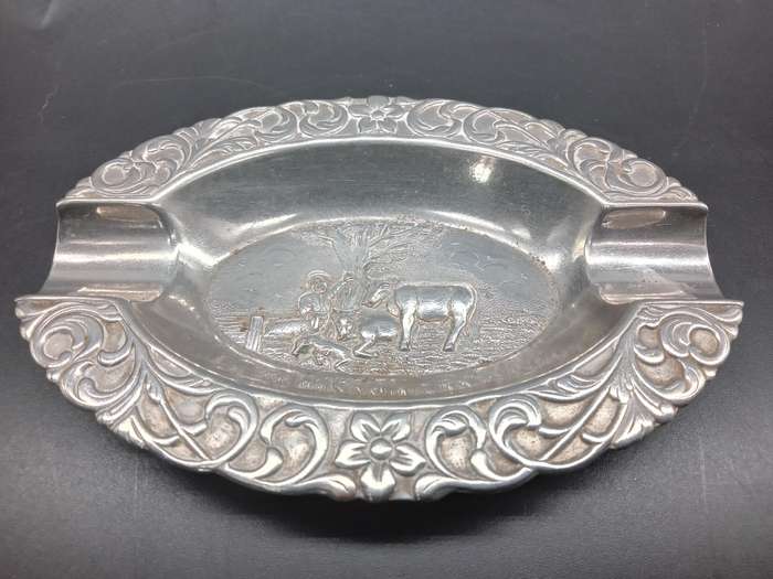 Vintage! Repousse Pressed Metal Oval Ashtray With Farm Scene