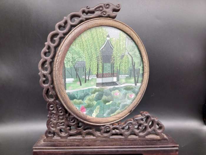 Vintage! Chinese - Silk Shu - Embroidery Art on Wooden Lacquer Swivel Stand