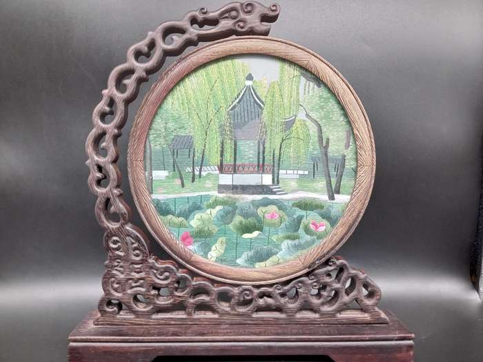 Vintage! Chinese - Silk Shu - Embroidery Art on Wooden Lacquer Swivel Stand