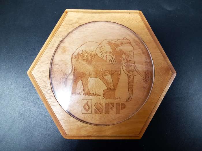 Vintage! Wooden Hexagon Coaster With Plastic Inlay On Carved Elephant
