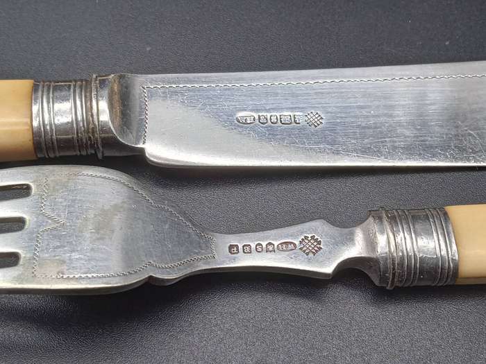 Antique! England - William Hutton & Sons - Early 1900 - Bone Handle  - Set of 6 Knives and 4+2 Forks