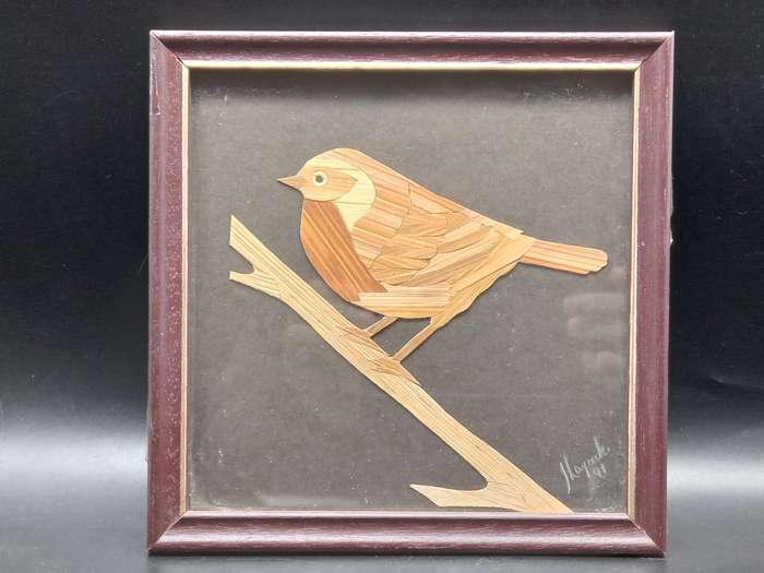 Vintage! Framed -Straw Art- Robin On A Branch