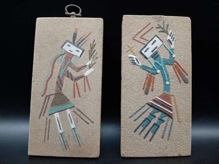 Vintage! Pair Of Signed Navajo Sand Art Paintings