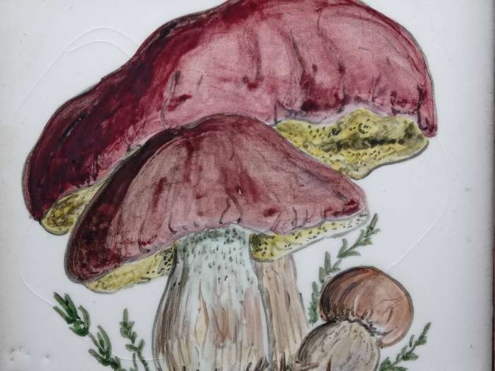 Vintage! Hand Painted Mushroom Tile In Wooden Frame
