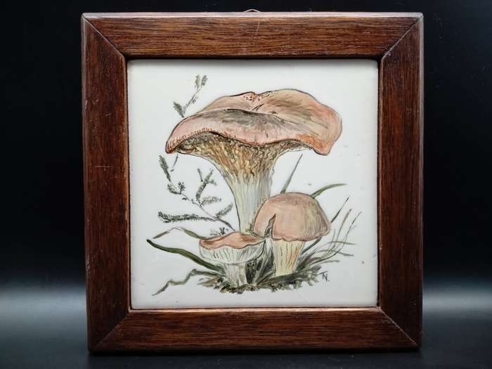 Vintage! Hand Painted Mushroom Tile In Wooden Frame