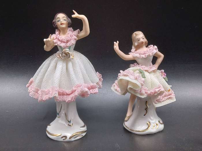 Vintage! Germany - Dresden - Pair of Miniature Porcelain Lace Ballerina Figurine Dolls