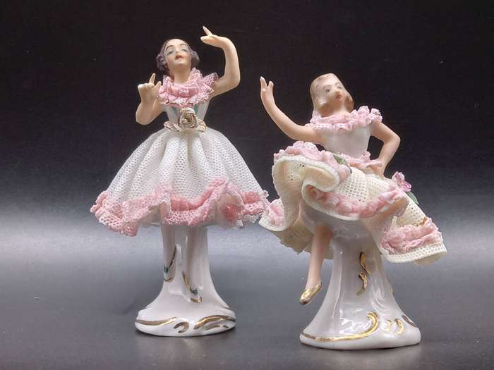 Vintage! Germany - Dresden - Pair of Miniature Porcelain Lace Ballerina Figurine Dolls