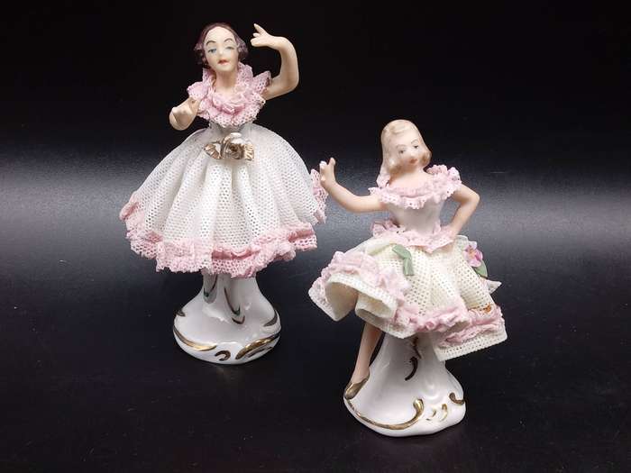 Vintage! Germany - Dresden - Pair of Miniature Porcelain Lace Ballerina Figurine Dolls