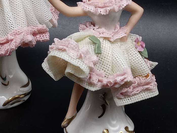 Vintage! Germany - Dresden - Pair of Miniature Porcelain Lace Ballerina Figurine Dolls
