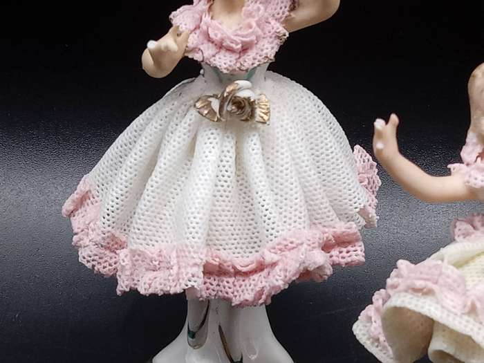 Vintage! Germany - Dresden - Pair of Miniature Porcelain Lace Ballerina Figurine Dolls