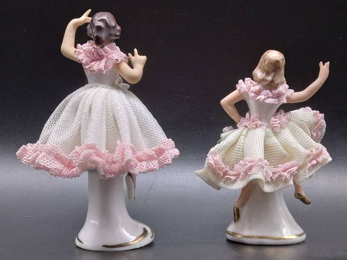 Vintage! Germany - Dresden - Pair of Miniature Porcelain Lace Ballerina Figurine Dolls
