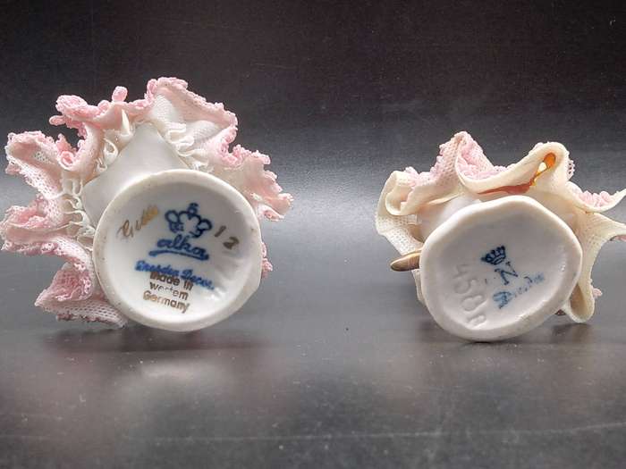 Vintage! Germany - Dresden - Pair of Miniature Porcelain Lace Ballerina Figurine Dolls