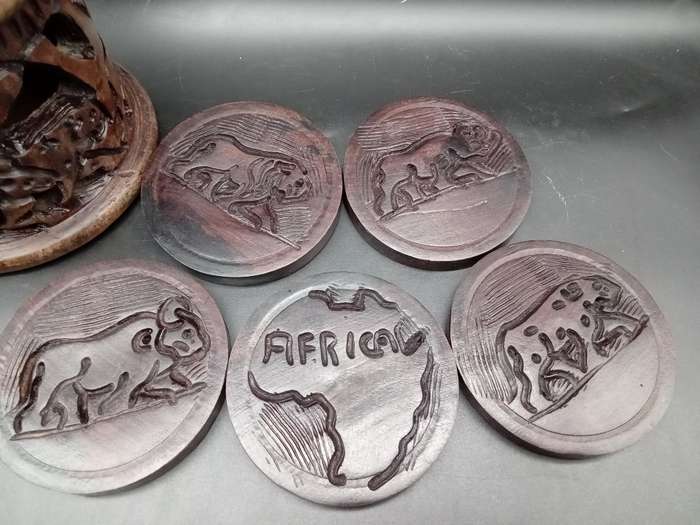 Africana ! Solid Wood - Hand Carved - Coasters In Carved Holder