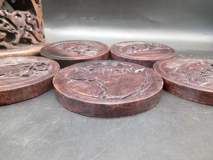 Africana ! Solid Wood - Hand Carved - Coasters In Carved Holder