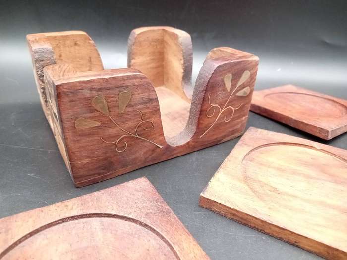 Vintage ! Indian - Solid Wood - Hand Made - Brass Floral inlay - 4 Coasters In Holder
