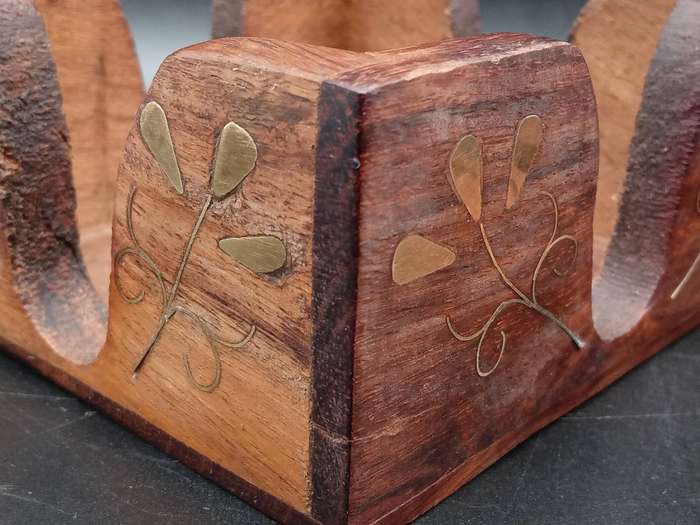 Vintage ! Indian - Solid Wood - Hand Made - Brass Floral inlay - 4 Coasters In Holder
