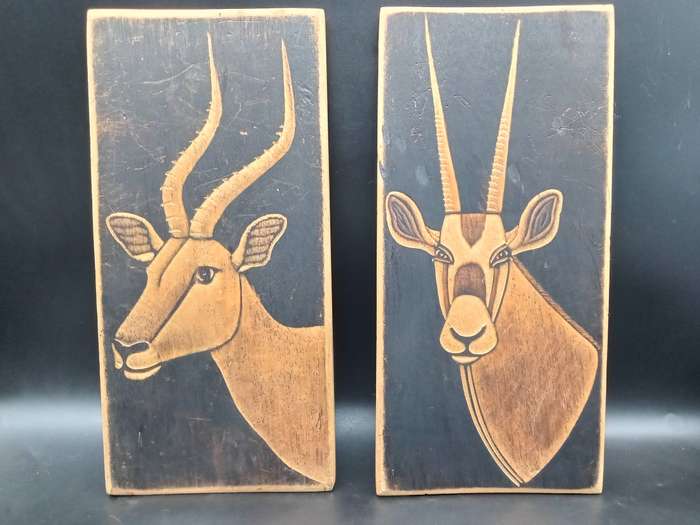 Vintage ! Africana - Burned Wood Art - Impala and Springbok