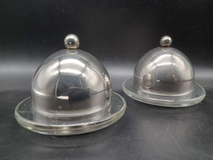 Vintage! Pair Of Mini Glass Butter Dishes With Metal Domed Lids