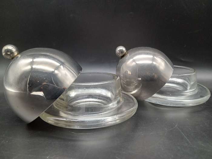 Vintage! Pair Of Mini Glass Butter Dishes With Metal Domed Lids