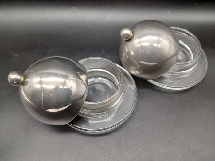 Vintage! Pair Of Mini Glass Butter Dishes With Metal Domed Lids