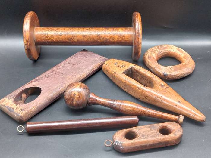Vintage! Wooden - Handmade - Textile Weaving Loom Tools - Spinning Bobbins, Spindle, Shuttle