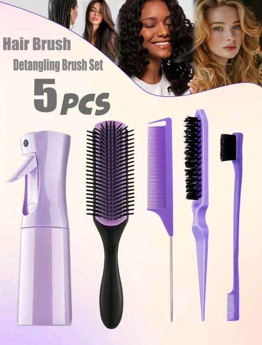 5-Piece Detangling Brush Set  Purple, for All Hair Types, Curly, Wavy & Straight Hair