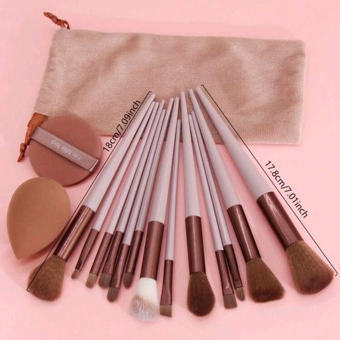 13pcs Makeup Brush Set + 2pcs Brown Makeup Sponges