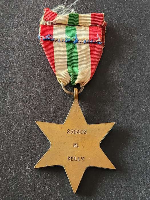 WW2 Italy Star Medal issued to M Kelly no. 230 402