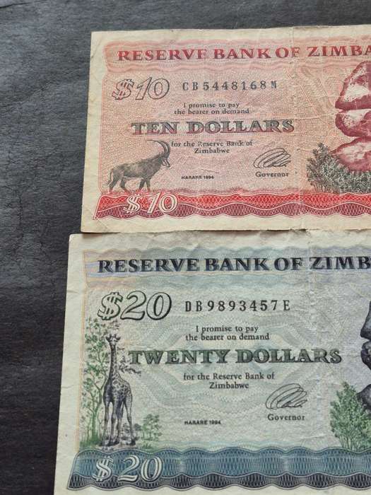Reserve Bank of Zimbabwe 10 Dollars Harare 1994 and 20 Dollars Harare 1994