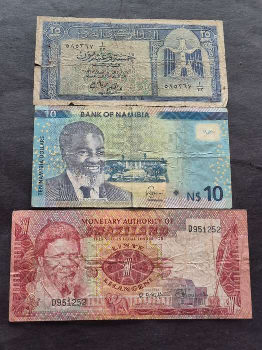 3 x Africa Notes, Egypt 25 Piastres,  Namibia 10 Dollars and Swaziland One Lilangeni