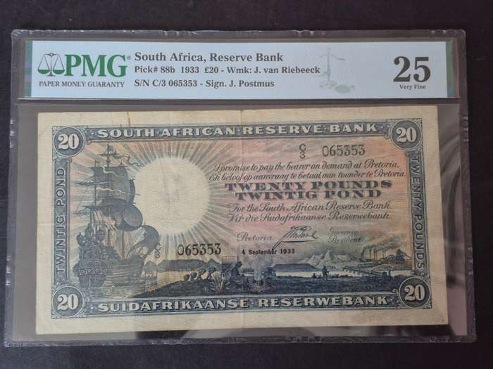 SA 20 Pounds 1933 J Postmus rare Bank Note 4 September 1933 E/A
