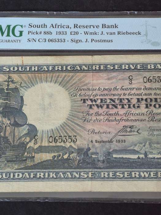 SA 20 Pounds 1933 J Postmus rare Bank Note 4 September 1933 E/A