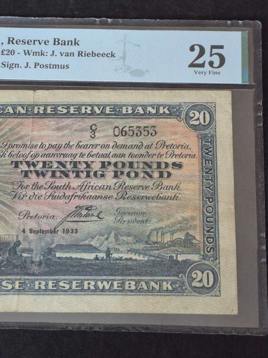 SA 20 Pounds 1933 J Postmus rare Bank Note 4 September 1933 E/A