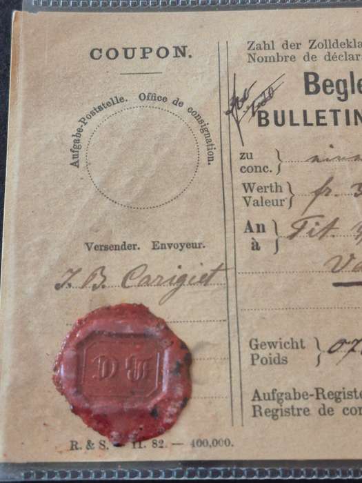 Switzerland "Coupon" 1883 with 5 & 25 Rappen & One Frank Stamps - used with Disentis Postmark