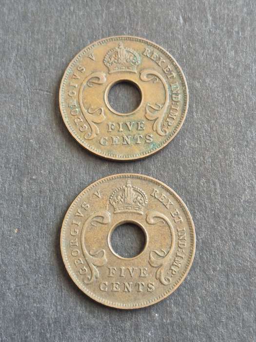 2 x East Africa 5 Cents 1924/1925