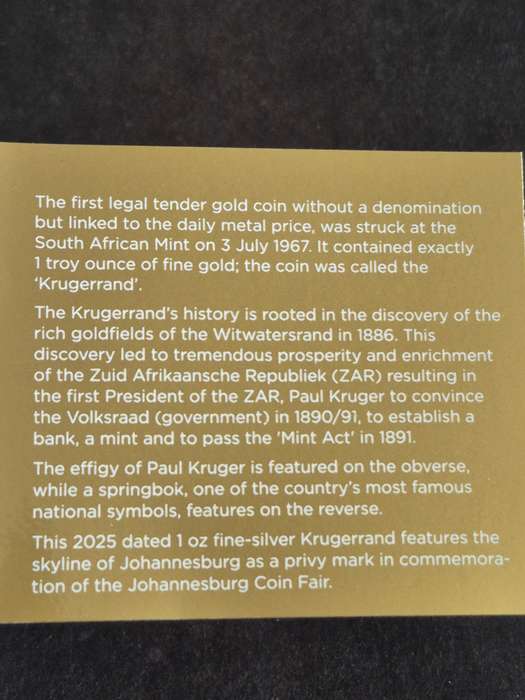 2025 Kruger Privy Mint Mark "Jhb" 1oz Fine Silver Proof