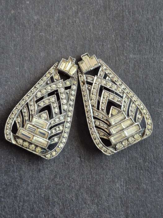 Art Deco Silver Dress Clip Earrings with Marcasite Stones stamped .935 total weight 14.3g