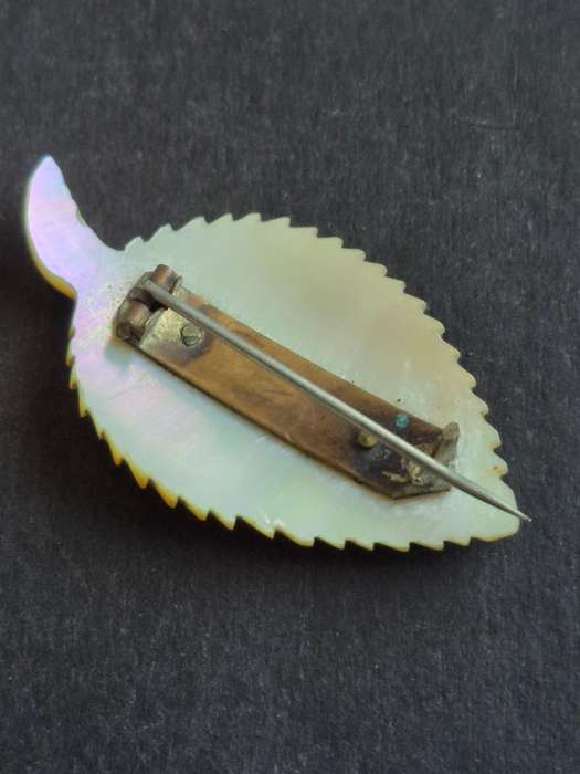 Antique Carved Mother of Pearl Leaf shaped Brooch (pin broken)