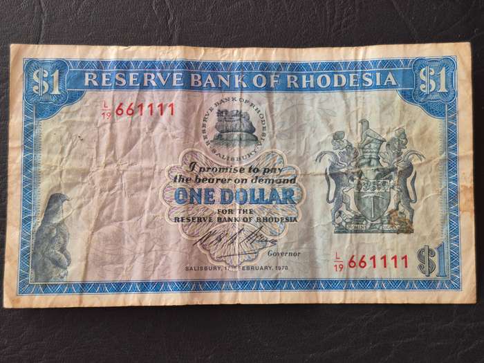 Reserve Bank of Rhodesia One Dollar Salisbury 1970 Rhodes Watermark