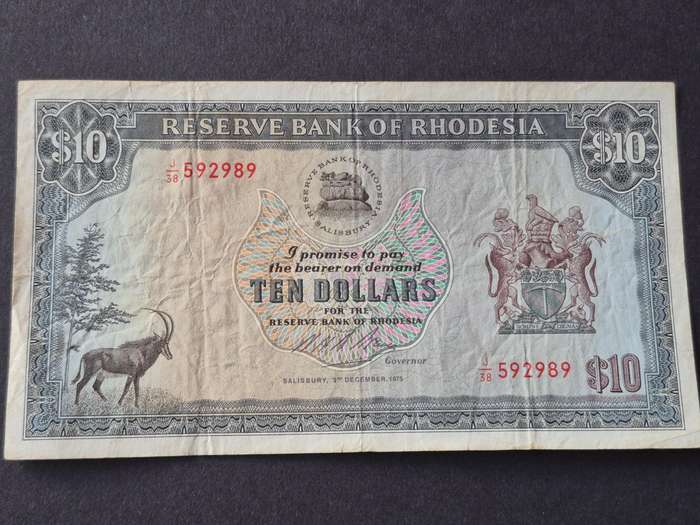 Reserve Bank of Rhodesia Ten Dollar Rhodes Watermark Salisbury 3 December 1975 (nice condition)