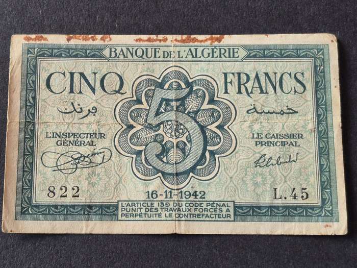 Algeria 5 Francs 6/11/1942 WW2