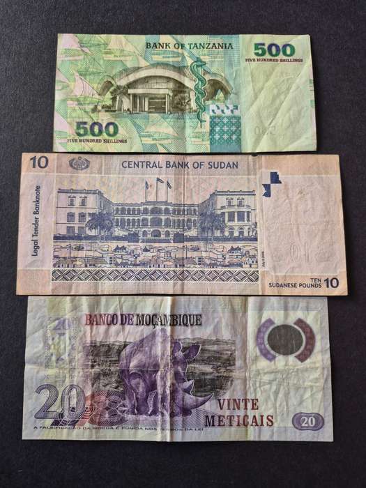 3 x Africa Notes - Tanzania 500 Shillings, Sudan 10 Sudenese Pounds and Mozambique 20 Meticais