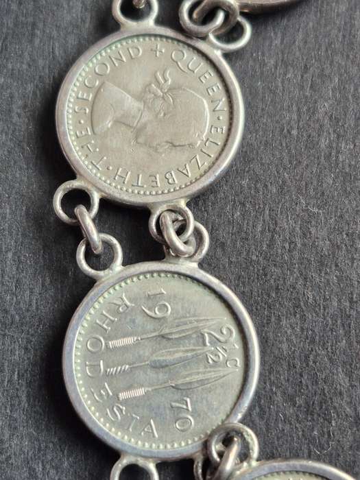 Rhodesia 2 1/2 Cents (Tickey) and Rhodesia and Nyasland Threepence Bracelet 9.25 Silver mount/catch