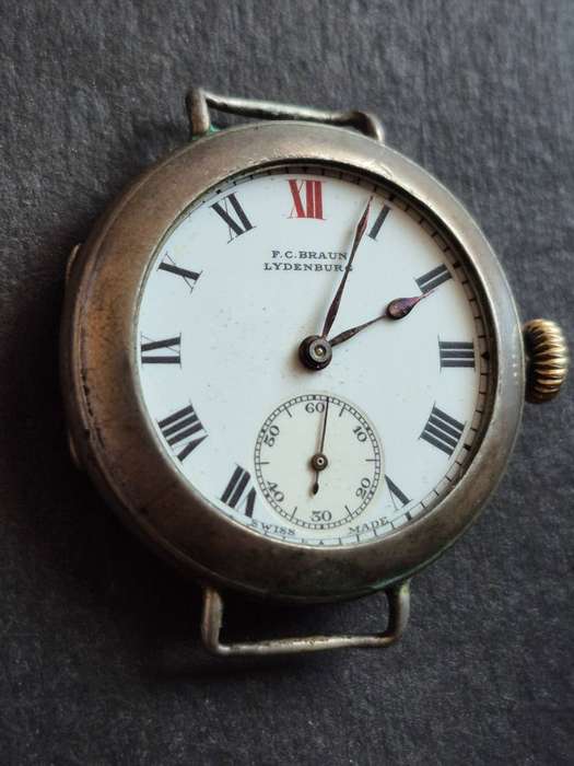Vintage Men's Sterling Silver Wrist Watch 15 Jewels F.C. Braun Lydenburg - nice condition- not work